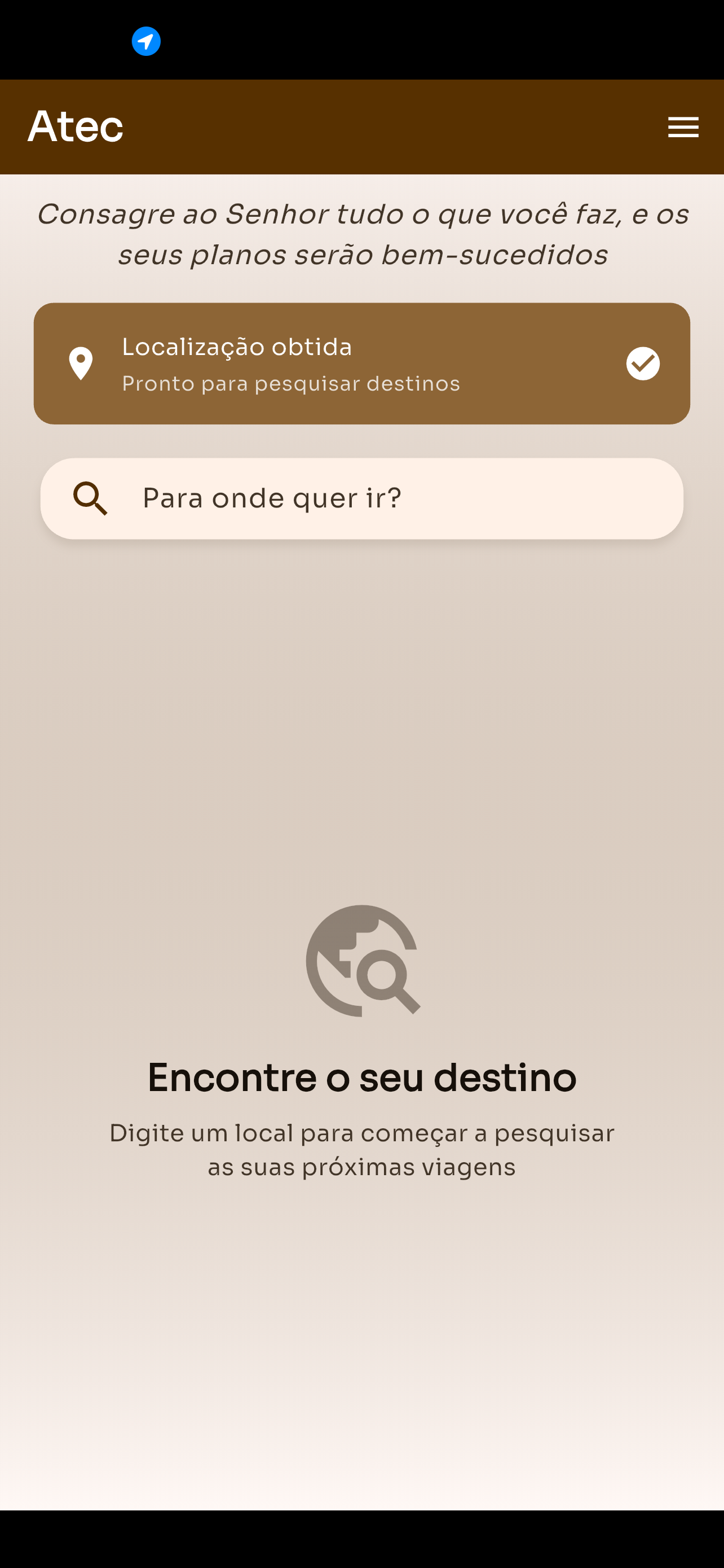 Tela inicial do app ATEC mostrando busca de destino